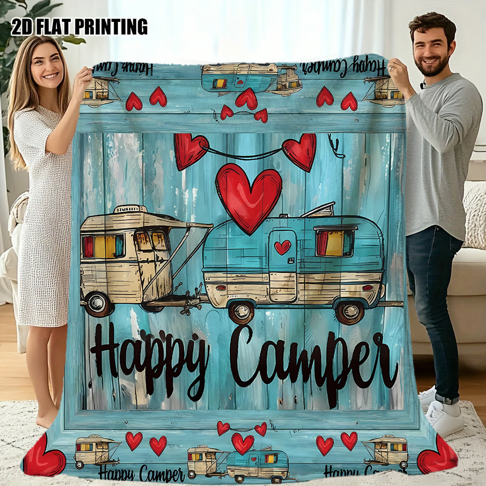 1pc Vintage Camper Pattern Blanket, Romantic Style Design, Soft Plush Surface, Lightweight and Durable Flannel Material, Multiple Sizes Available, Perfect for Holiday Gatherings, Living Room Lounging, Bedroom Warmth, Outdoor Camping, Seasonal Home
