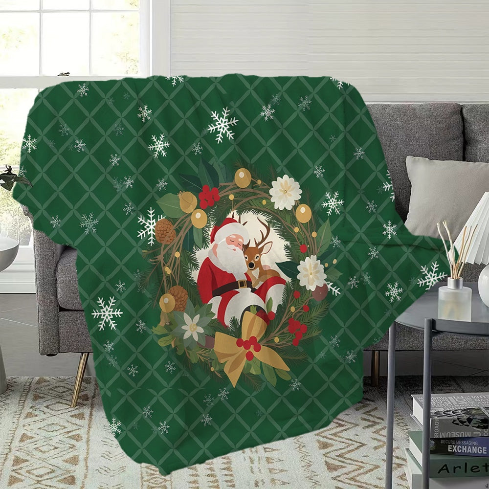 Santa Claus and Reindeer Wreath Pattern, Green Plaid Design Flannel Blanket, Soft, Comfortable, and Warm, All-season Sofa Throw, Warm Cover Blanket, Suitable for Living Room Sofas, Bedroom, Leisure Reading, Holiday Decoration, and Winter Warmth