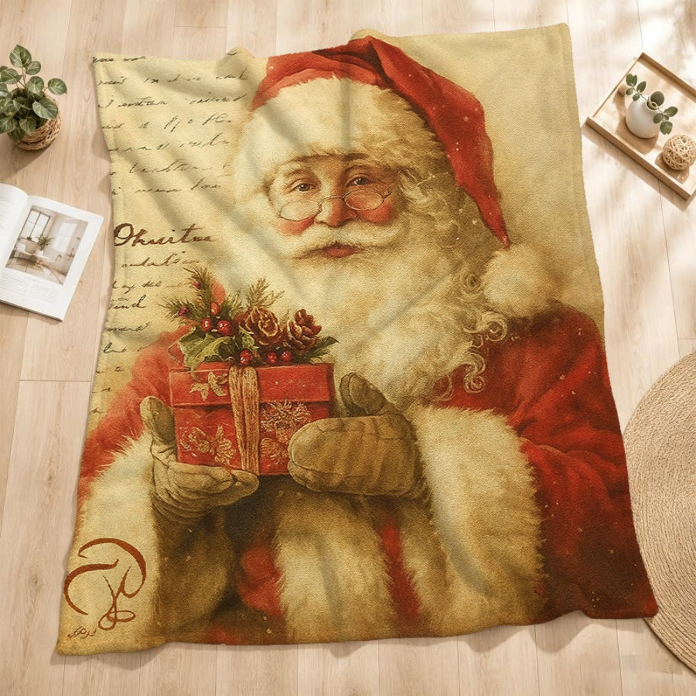 1pc Santa Claus Handheld Gift Box Design Flannel Blanket, Creamy Beige Base Holiday Decor, Soft Plush All-Season Use, Suitable for Living Room Sofa Cover, Reading Time And Bedside Decoration