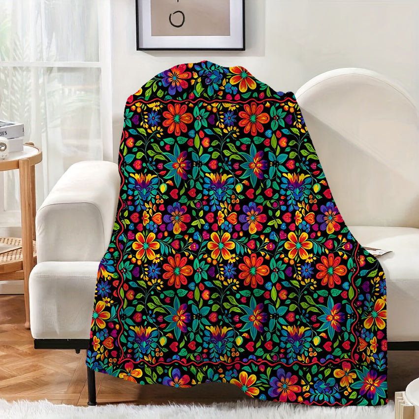1pc Colorful Floral Patterned Blanket, Ethnic Style Design, Soft Plush Surface, Flannel Material Lightweight And Durable, Multiple Sizes Available, Ideal for Holiday Gatherings, Living Room Leisure, Bedroom Warmth, Study Reading, Seasonal Home Decor
