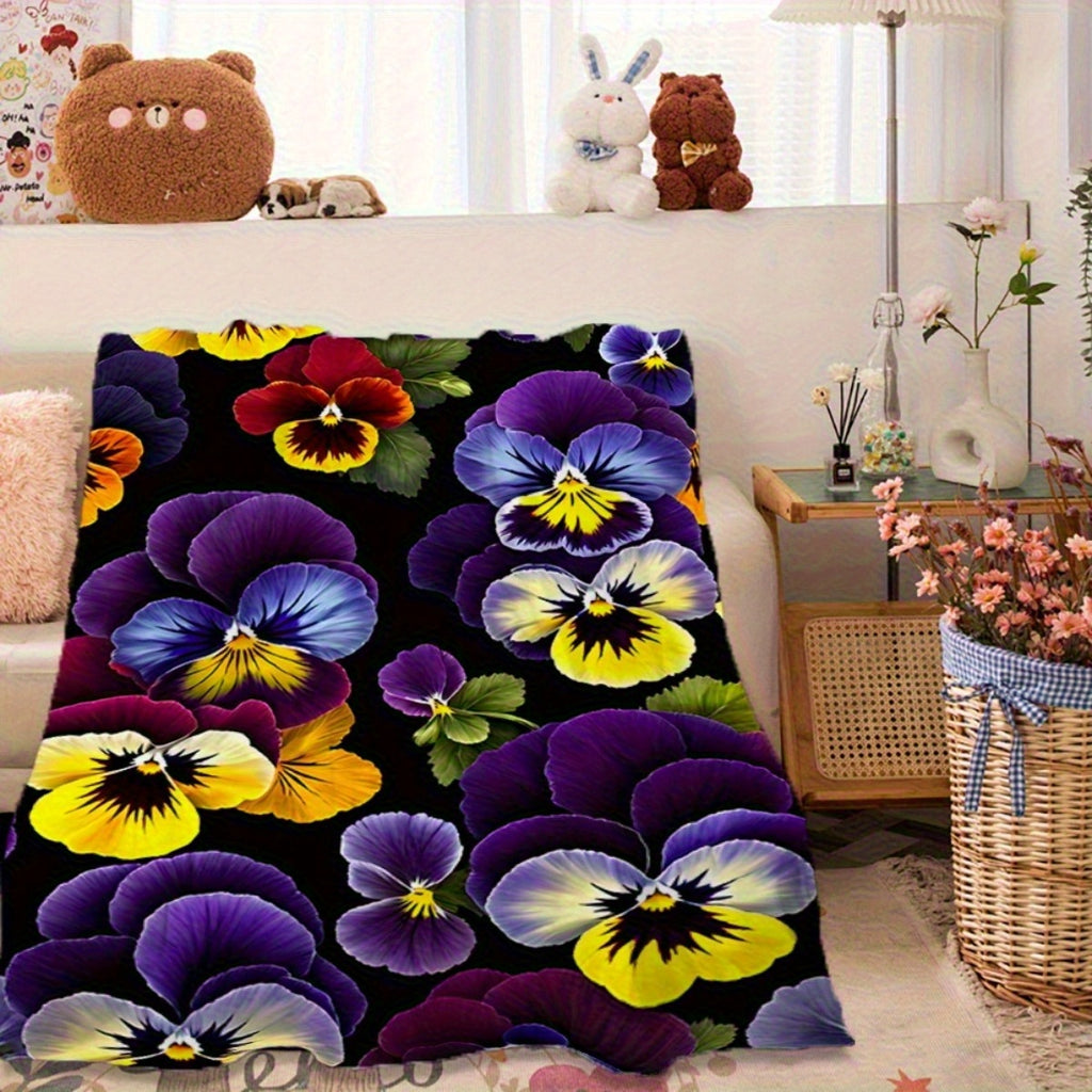 Soft and Warm Flannel Blanket - Bright Three-color Pansy Pattern on a Black Background, Suitable for Sofas, Pavements and Travel Camping Shawls in All Seasons, Machine Washable Modern Home Decoration Gifts, Sofa Covers, Decorative Gifts