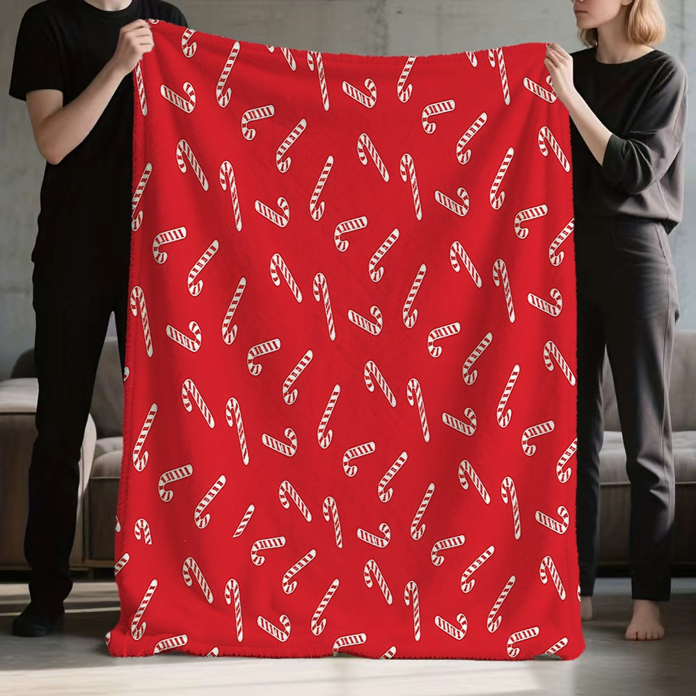 1pc Christmas Candy Cane Pattern Red Flannel Blanket, Soft Comfortable Warm, Festive Design, All-Season Sofa Blanket, Warm Cover, Multiple Sizes Available, Suitable for Living Room Sofa, Bedroom, Casual Reading, Winter Heating, And Holiday Decor
