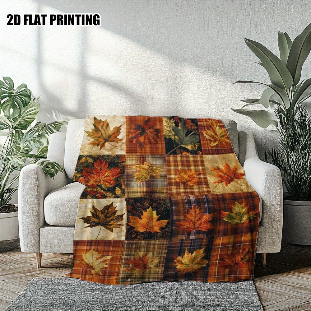 1pc Autumn Maple Leaf and Plaid Patchwork Flannel Blanket, Soft, Comfortable, and Warm, Orange-Yellow-Brown Plaid Design, Durable Plush Surface, All-Season Universal Bed Blanket, Warm Throw Blanket, Multiple Sizes Available, Suitable for Living Room