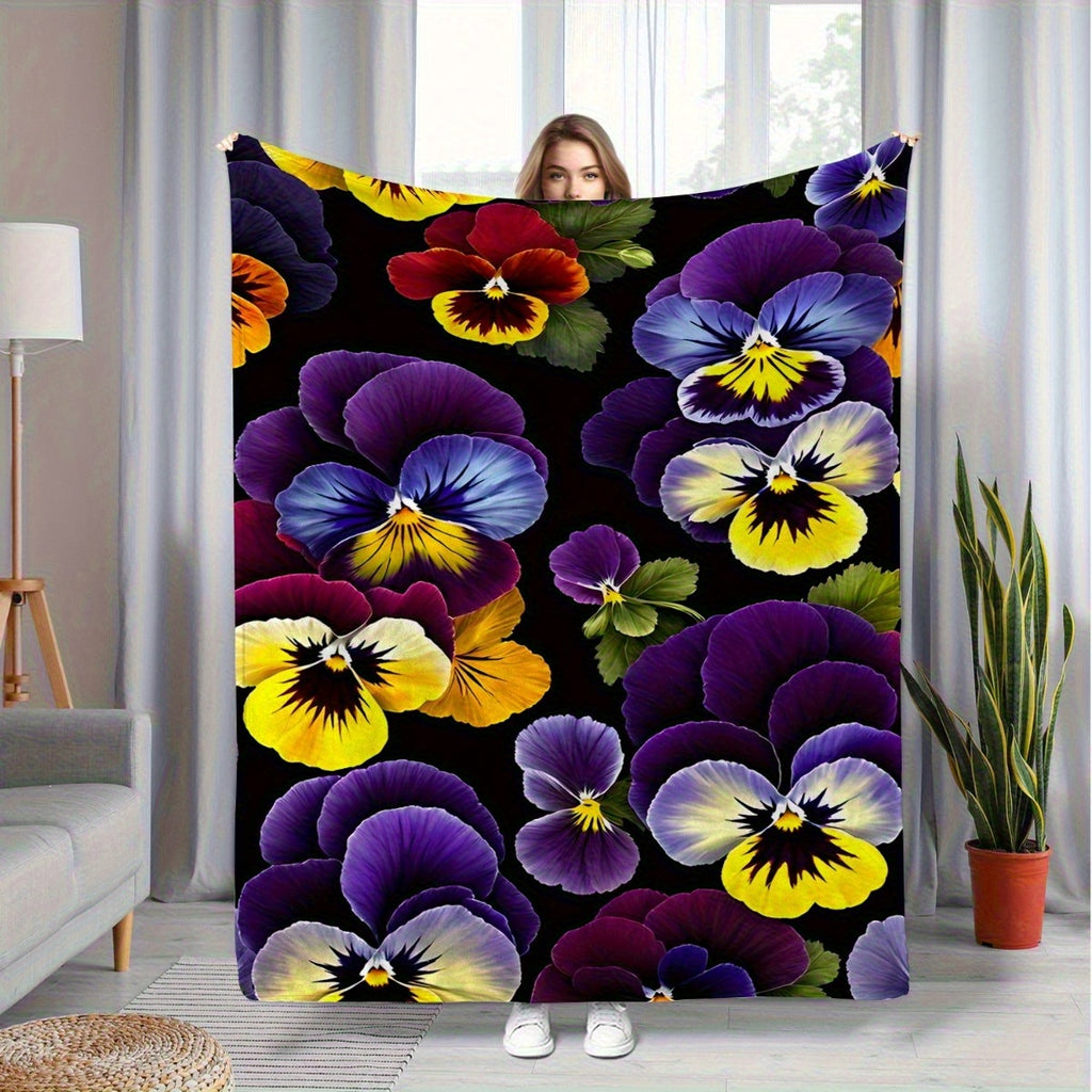 Soft and Warm Flannel Blanket - Bright Three-color Pansy Pattern on a Black Background, Suitable for Sofas, Pavements and Travel Camping Shawls in All Seasons, Machine Washable Modern Home Decoration Gifts, Sofa Covers, Decorative Gifts