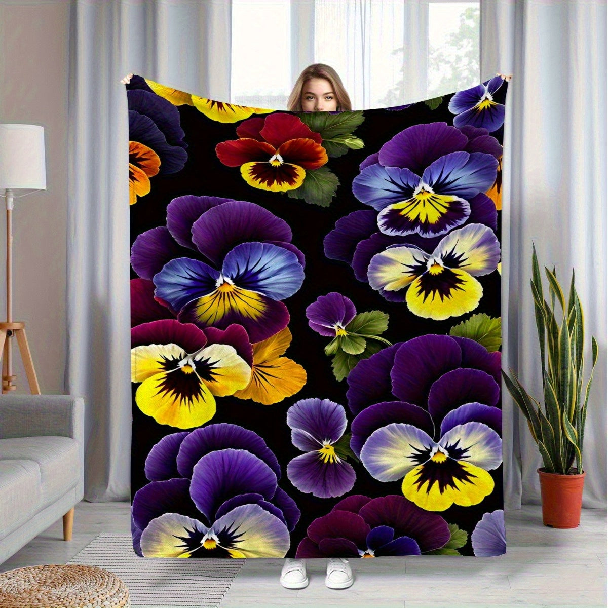 Soft and Warm Flannel Blanket - Bright Three-color Pansy Pattern on a Black Background, Suitable for Sofas, Pavements and Travel Camping Shawls in All Seasons, Machine Washable Modern Home Decoration Gifts, Sofa Covers, Decorative Gifts
