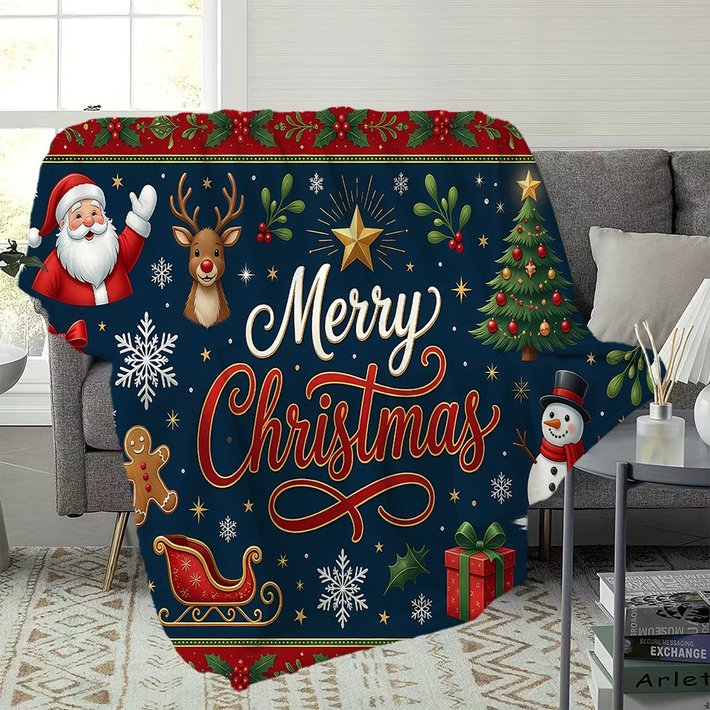 1pc, Santa Claus and Reindeer Pattern Flannel Blanket, Soft, Comfortable, and Warm, Dark Blue Holiday Design, Durable Plush Surface, All-Season Universal Sofa Blanket, Warm Throw Blanket, Multiple Sizes Available, Suitable for Living Room Sofas