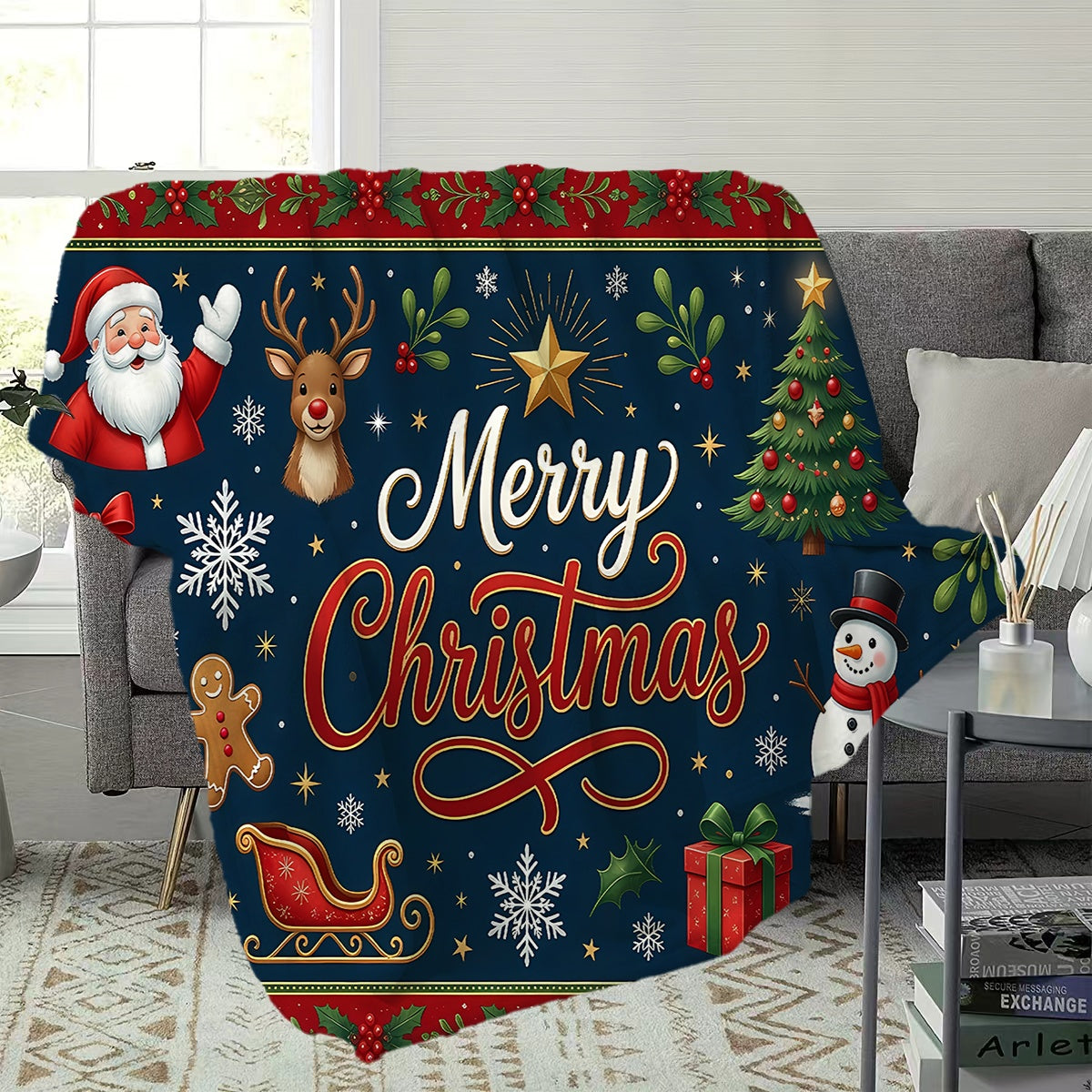 1pc, Santa Claus and Reindeer Pattern Flannel Blanket, Soft, Comfortable, and Warm, Dark Blue Holiday Design, Durable Plush Surface, All-Season Universal Sofa Blanket, Warm Throw Blanket, Multiple Sizes Available, Suitable for Living Room Sofas