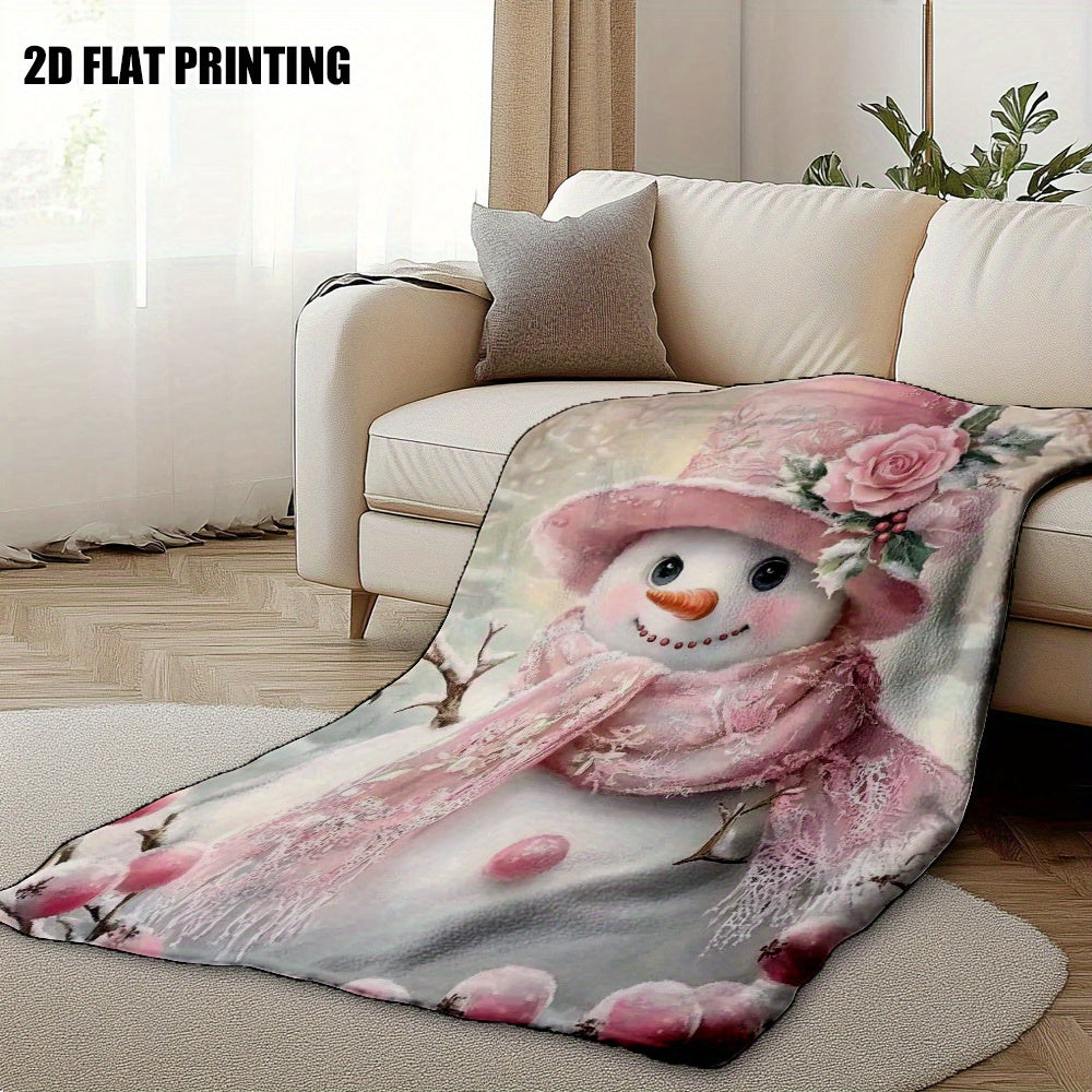 1pc Snowman and Winter Floral Pink Themed Flannel Large Blanket, Christmas Winter Decorative Design, Oversized Plush Throw Blanket, Suitable for Living Room Sofa Cover, Home Naps, and Reading Time