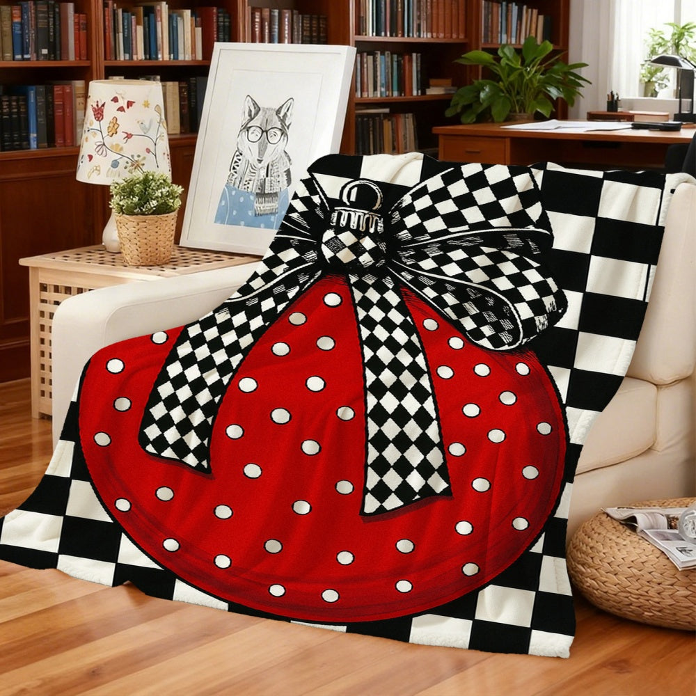1pc Flannel Blanket with a Red Background Featuring White Polka Dots and a Black-and-white Checkered Bow Pattern, Designed for Christmas Holiday Decoration. Soft Plush Surface, Suitable for All Seasons. Ideal for Holiday Home Decor, Weekend Naps