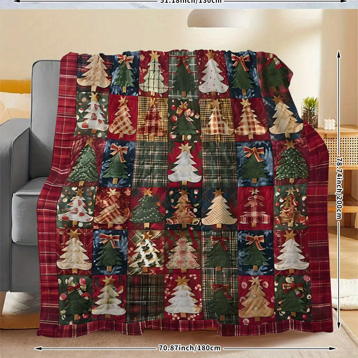 1 Comfortable Patchwork Christmas Digital Printed Flannel Blanket - Soft Four Seasons Machine Washable for Sofas, Tops, Camping and Offices - Plaid and Geometric Holiday Decor - Ideal Gift, Christmas Blanket
