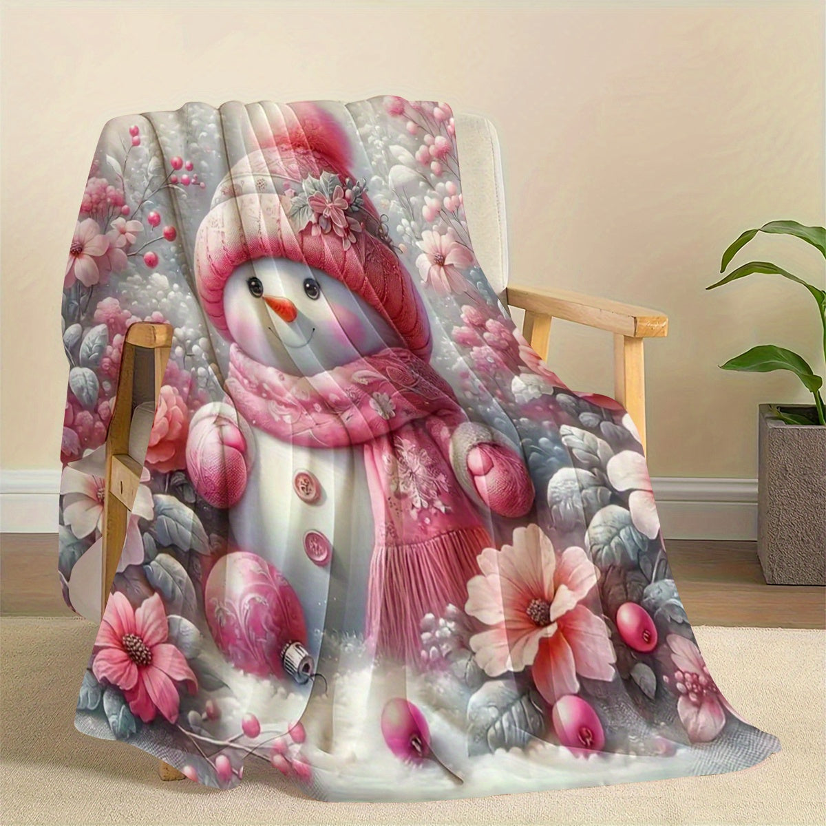 Christmas Pink Snowman Pattern Flannel Blanket, Soft and Warm Lunch Break Blanket, Suitable for Sofa, Travel, Camping, Living Room, Office, Chair, Available in All Seasons, Hot Printed Flannel Blanket, Multi-purpose Blanket