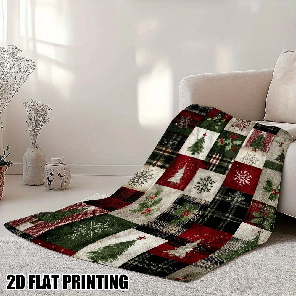 Vintage Christmas Tree And Snowflake Patchwork Flannel Blanket - All-Season Lightweight Soft Beige Friendly Cover, Holiday Decoration Mixed Color Scheme, Christmas Blanket