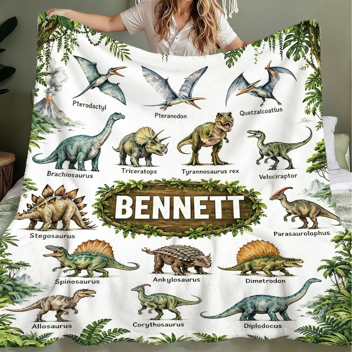 Personalized Custom Name Blanket, Jurassic Dinosaur Pattern Fleece Blanket, Gift for Outdoor Enthusiasts, All-Season Plush Blanket, Suitable for Home And Travel, Comfortable Personalized Blanket, Ideal Holiday Gift for Family And Friends