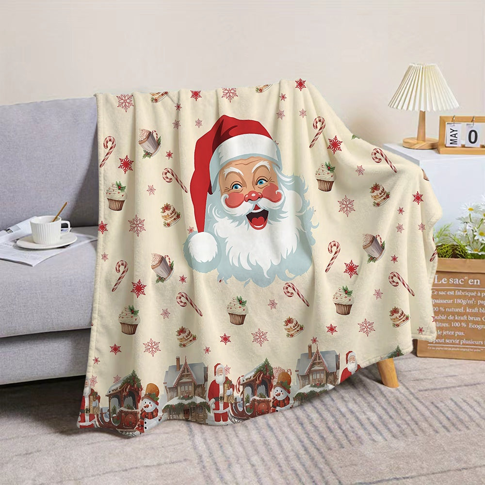 1pc Santa Claus and Candy Themed Flannel Blanket, Soft, Comfortable, and Warm, with a Creamy White Base and Festive Design. A Four-season Universal Blanket and Warm Throw Blanket, Available in Multiple Sizes. Suitable for Living Room Sofas