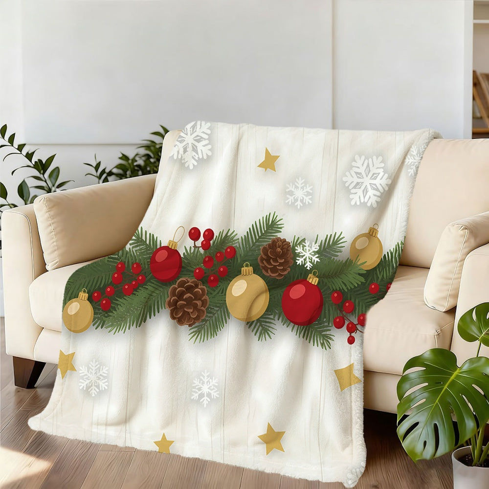 1pc Christmas Holiday Theme Pine Branch Red Golden Ball Snowflake Design White Flannel Blanket, Soft Comfortable Warm, All-Season Blanket, Warm Cover, Suitable for Living Room Sofa, Bedroom, Casual Reading, Winter Heating, And Holiday Decor