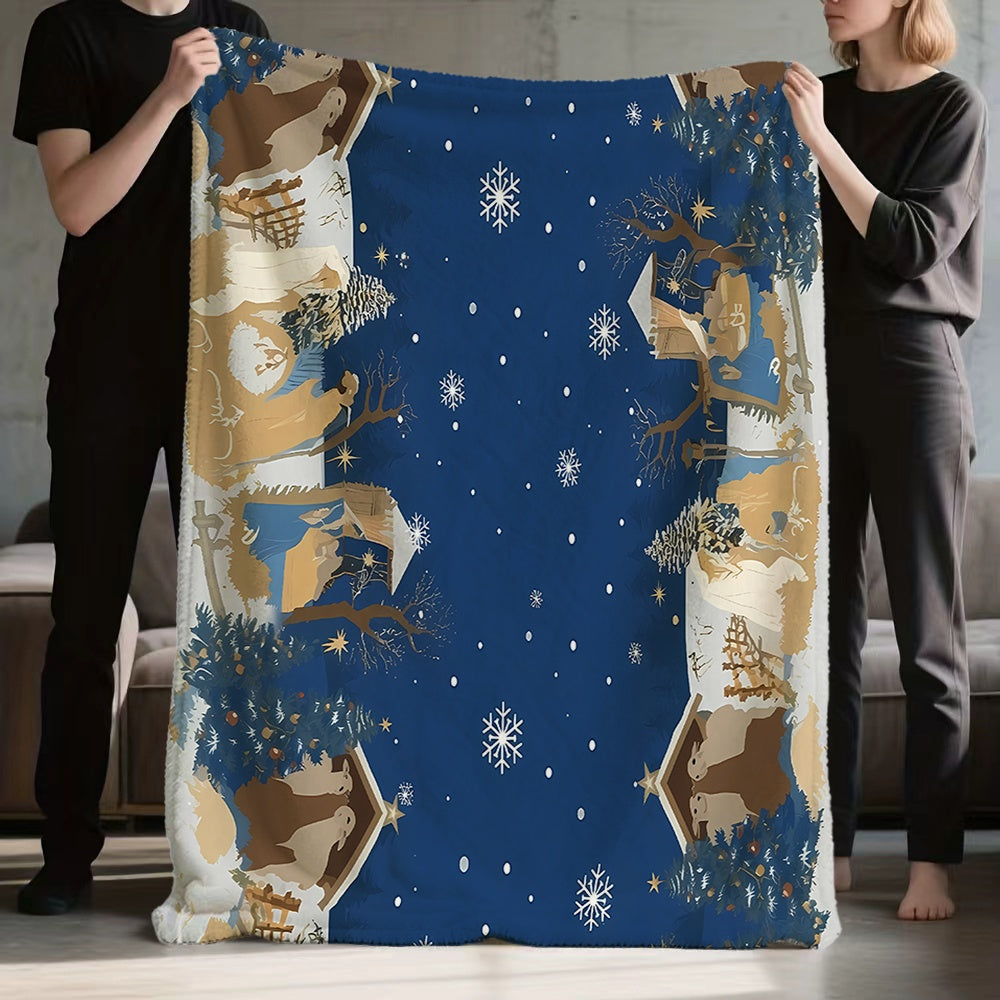 1pc Christmas Snow Scene with Antler Pattern Flannel Blanket, Soft, Comfortable, and Warm, Dark Blue Design, All-Season Universal Sofa Blanket, Warm Throw Blanket, Multiple Sizes Available, Suitable for Living Room Sofas, Bedroom, Reading Nooks