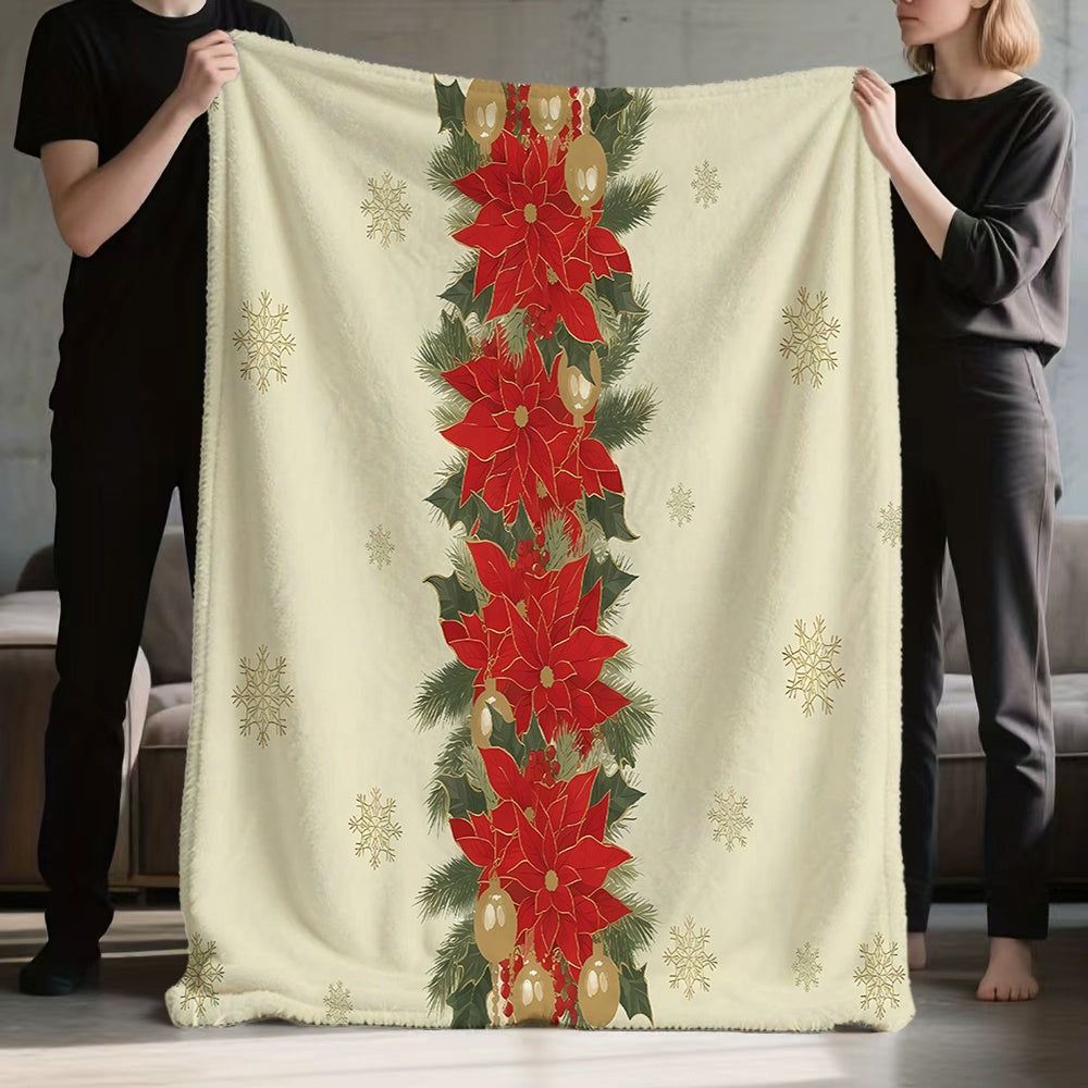 1pc Christmas Red and Golden Floral Wreath with Snowflake Pattern Flannel Blanket, Soft, Comfortable, and Warm, Cream-colored Design, All-season Universal Sofa Throw, Warm Lap Blanket, Multiple Sizes Available, Suitable for Living Room Sofas