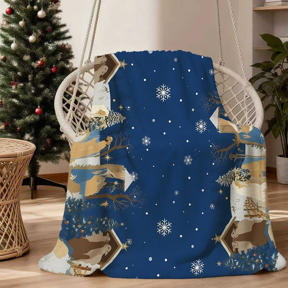 1pc Christmas Snow Scene with Antler Pattern Flannel Blanket, Soft, Comfortable, and Warm, Dark Blue Design, All-Season Universal Sofa Blanket, Warm Throw Blanket, Multiple Sizes Available, Suitable for Living Room Sofas, Bedroom, Reading Nooks
