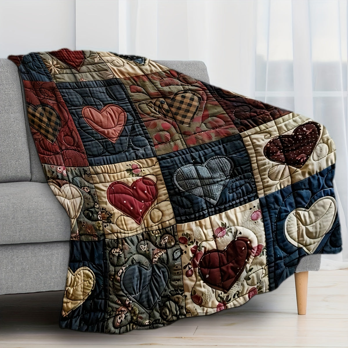 1pc Heart Patchwork Fleece Blanket, Soft Comfortable Warm, Retro Red Black Design, Durable Plush Surface, All-Season Bed Blanket, Warm Cover, Multiple Sizes Available, Suitable for Living Room Sofa, Bedroom Bedding, Casual Reading, Winter Heating