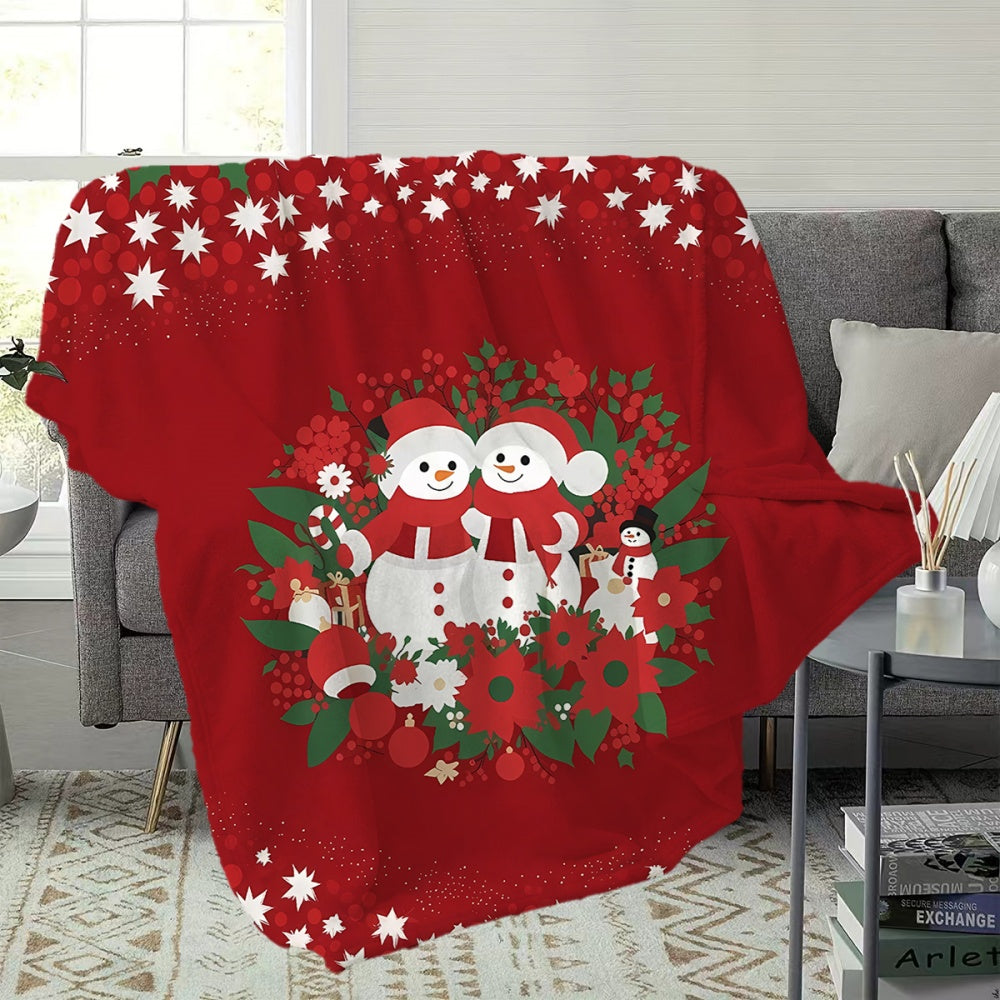1pc Christmas Snowman And Red White Flower Pattern Flannel Blanket, Soft Comfortable Warm, Red Festive Design, All-Season Sofa Blanket, Warm Cover, Multiple Sizes Available, Suitable for Living Room Sofa, Bedroom, Reading Corner, Leisure Time