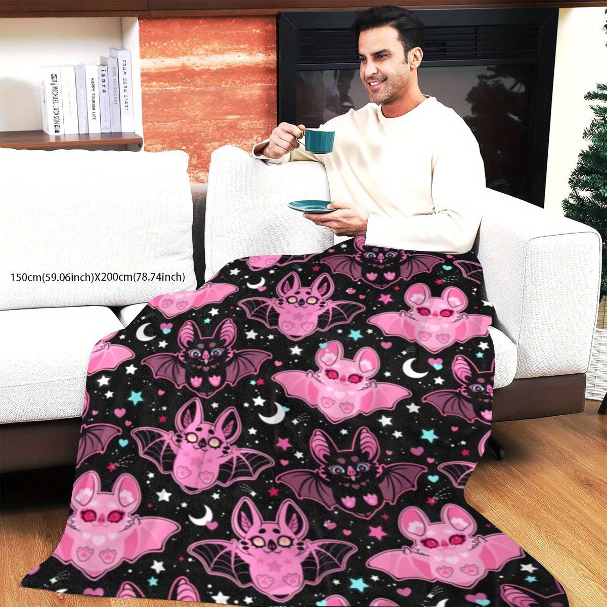 1pc 2D Flat Printing, Pink Bat And Stars Moon Blanket, Soft Fleece Blanket - Black Background with Pink Theme Design, Multiple Sizes Available, Suitable for Living Room Sofa, Bedroom, Casual Reading, Nighttime Viewing, And Holiday Decor