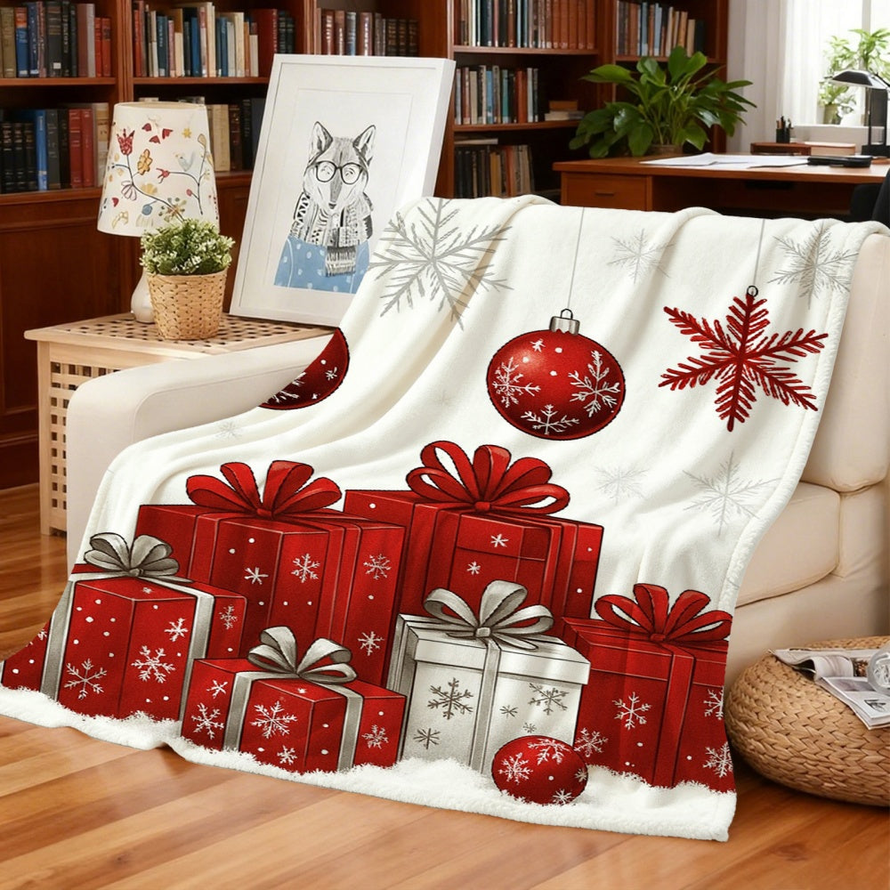 1pc Christmas Gift Box with Snowflake and Red Ball Design Flannel Blanket, Cream White Base for Holiday Decoration, Soft Plush Surface Suitable for All Seasons, Ideal for Holiday Home Decor, Reading Time, and Bed End Soft Furnishing Accents