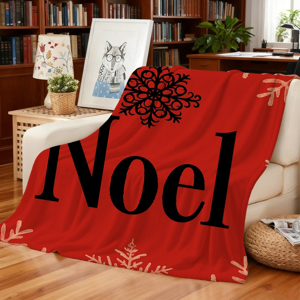 1pc Red Flannel Blanket with Snowflakes and "Noel" Text, Featuring a Festive Decorative Design. Soft Plush Surface, Suitable for All Seasons. Ideal as a Living Room Sofa Throw, for Weekend Naps on the Couch, and for Holiday Home Decor