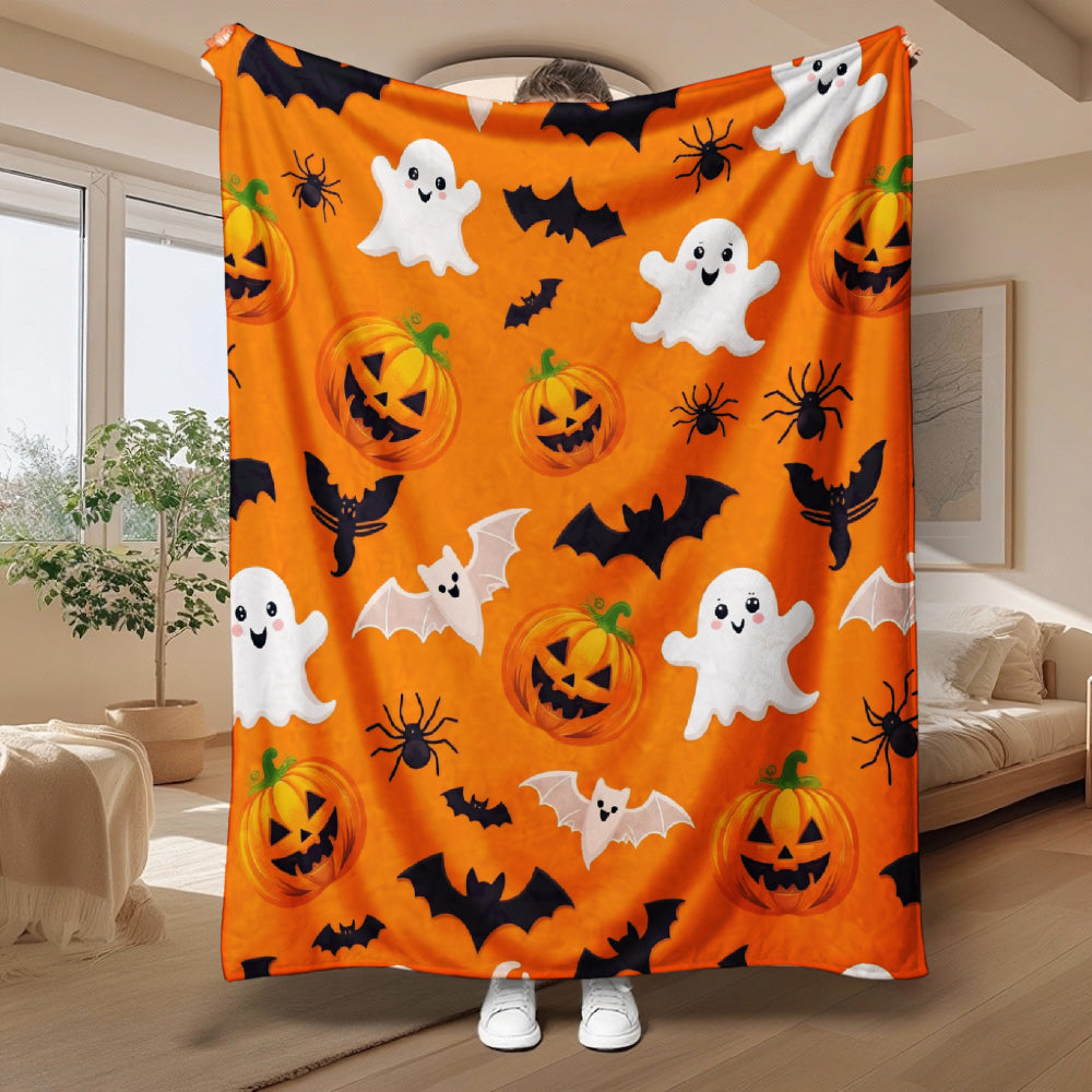 Halloween Ghost And Pumpkin Matching Orange Bat And Spider Pattern Blanket, Soft Comfortable Multi-Purpose Blanket, Home Decor And Holiday Gift