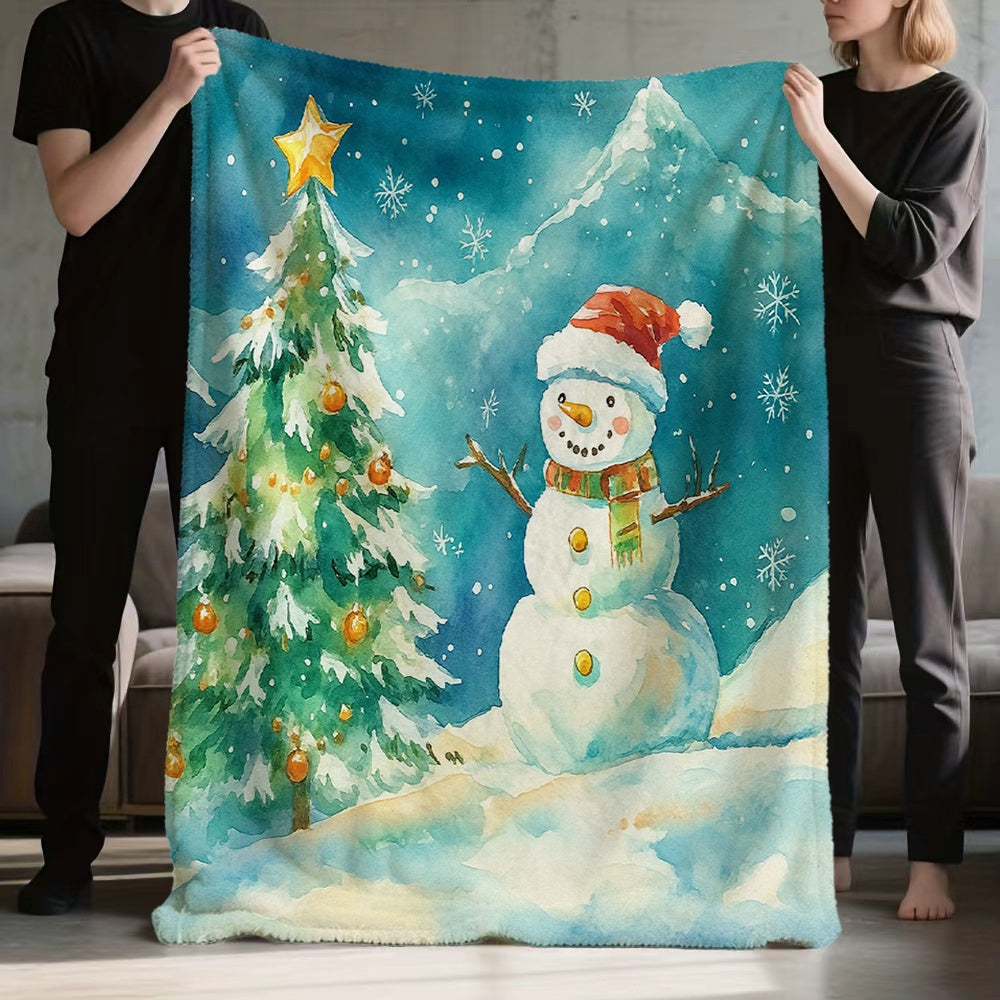 1pc Christmas Snowman And Christmas Tree Blue-Green Tone Flannel Blanket, Winter Holiday Decor Design, Durable Plush Warm Blanket, Suitable for Weekend Sofa Naps, Home Afternoon Rest, Reading Time