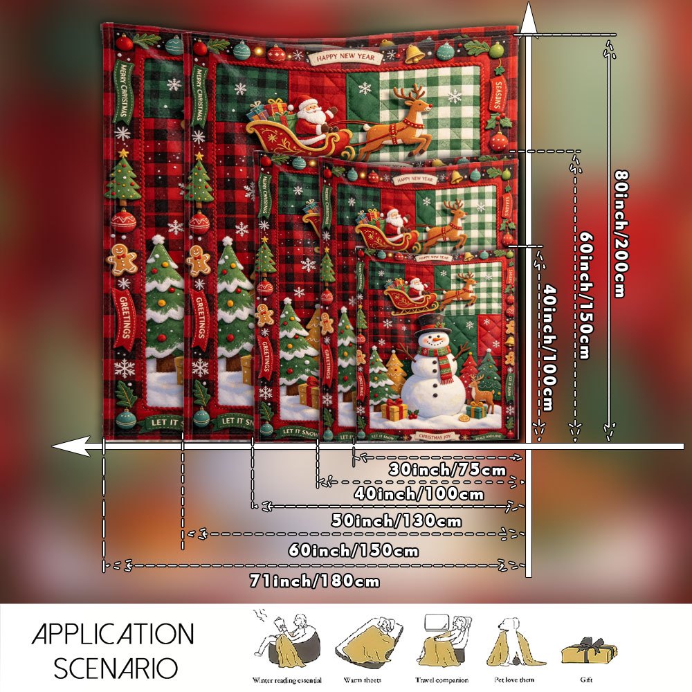 Vintage Country Style Patchwork Plaid Flannel Blanket, Christmas New Year Theme, Large Snowman Santa Claus Reindeer Sleigh Christmas Tree Gift Box Gingerbread Man Pattern, HAPPY NEW YEAR Christmas Joy Text Elements