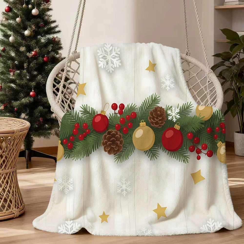 1pc Christmas Holiday Theme Pine Branch Red Golden Ball Snowflake Design White Flannel Blanket, Soft Comfortable Warm, All-Season Blanket, Warm Cover, Suitable for Living Room Sofa, Bedroom, Casual Reading, Winter Heating, And Holiday Decor