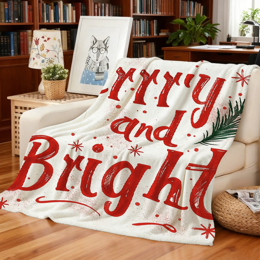 1pc Christmas Red "Merry And Bright" Theme Cream Beige Flannel Blanket, Festive Warm Design, Soft Plush All-Season Use, Suitable for Home Nap, Reading Time, And Dorm Life