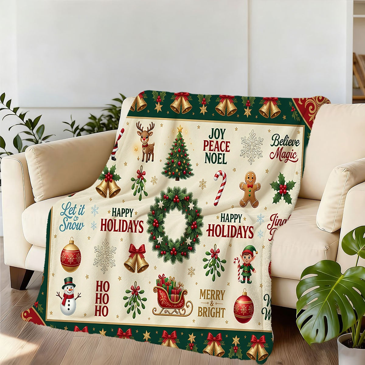 1pc, Santa Claus And Reindeer Pattern, Golden Bell Surround, Green Wreath Embellishment, Warm Festive Atmosphere Flannel Blanket, Soft And Comfortable, Beige Base with Green Border Design, Durable Plush, All-Season Sofa Blanket, Warm Cover
