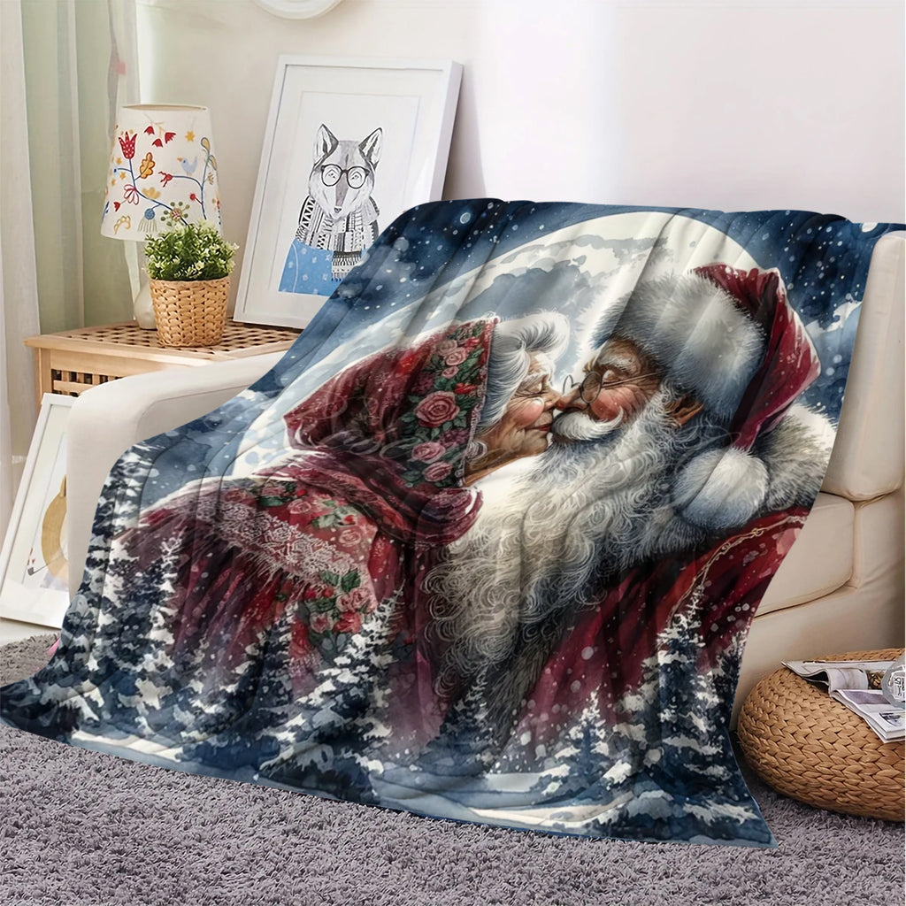 Santa and Mrs. Pattern Digital Printed Flannel Blanket, Soft and Warm Lunch Break Blanket, Suitable for Sofa, Travel, Camping, Living Room, Office, Chair, Four Seasons Available, Multipurpose Blanket